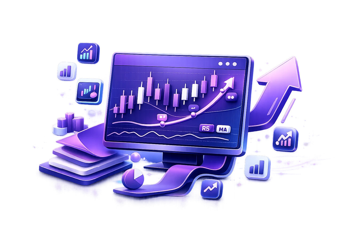 Ilustración de plataforma de trading con gráfico de velas y tendencia alcista
